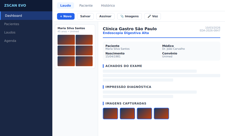 Interface de criação de laudos ZSCAN EVO
